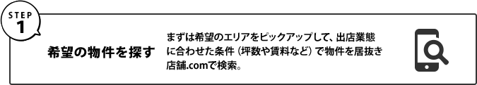 Step1｜希望の物件を探す｜まずは希望のエリアをピックアップして、出店業態に合わせた条件（坪数や賃料など）で物件を居抜き店舗.comで検索。