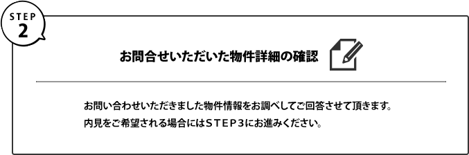 ２｜お問い合わせいただいた物件詳細の確認｜お問い合わせいただきました物件情報をお調べしてご回答させて頂きます。
                            内見をご希望される場合には３にお進みください。