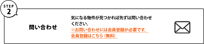 Step2｜問い合わせ｜気になる物件が見つかれば、先ずは問い合わせください。※お問い合わせには会員登録が必要です。会員登録はこちら（無料）