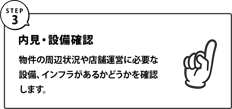 Step3｜内見・設備確認｜物件の周辺状況や店舗運営に必要な設備、インフラがあるかどうかを確認します。