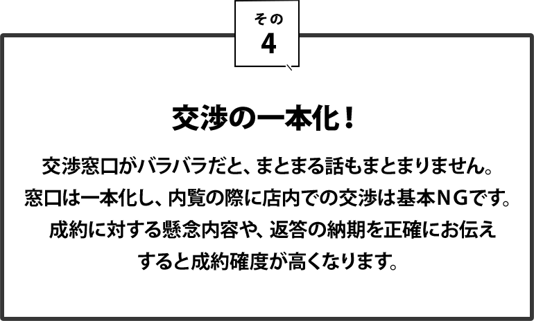 ４｜交渉の一本化！交渉窓口がバラバラだと、まとまる話もまとまりません。窓口は一本化し、内覧の際に店内での交渉は基本ＮＧです。成約に対する懸念内容や、返答の納期を正確にお伝えすると成約確度が高くなります。